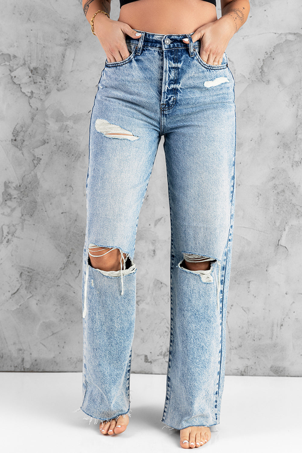 Honeybee Mumford's Sky Blue Distressed Hollow-out Knees Wide Leg Jeans