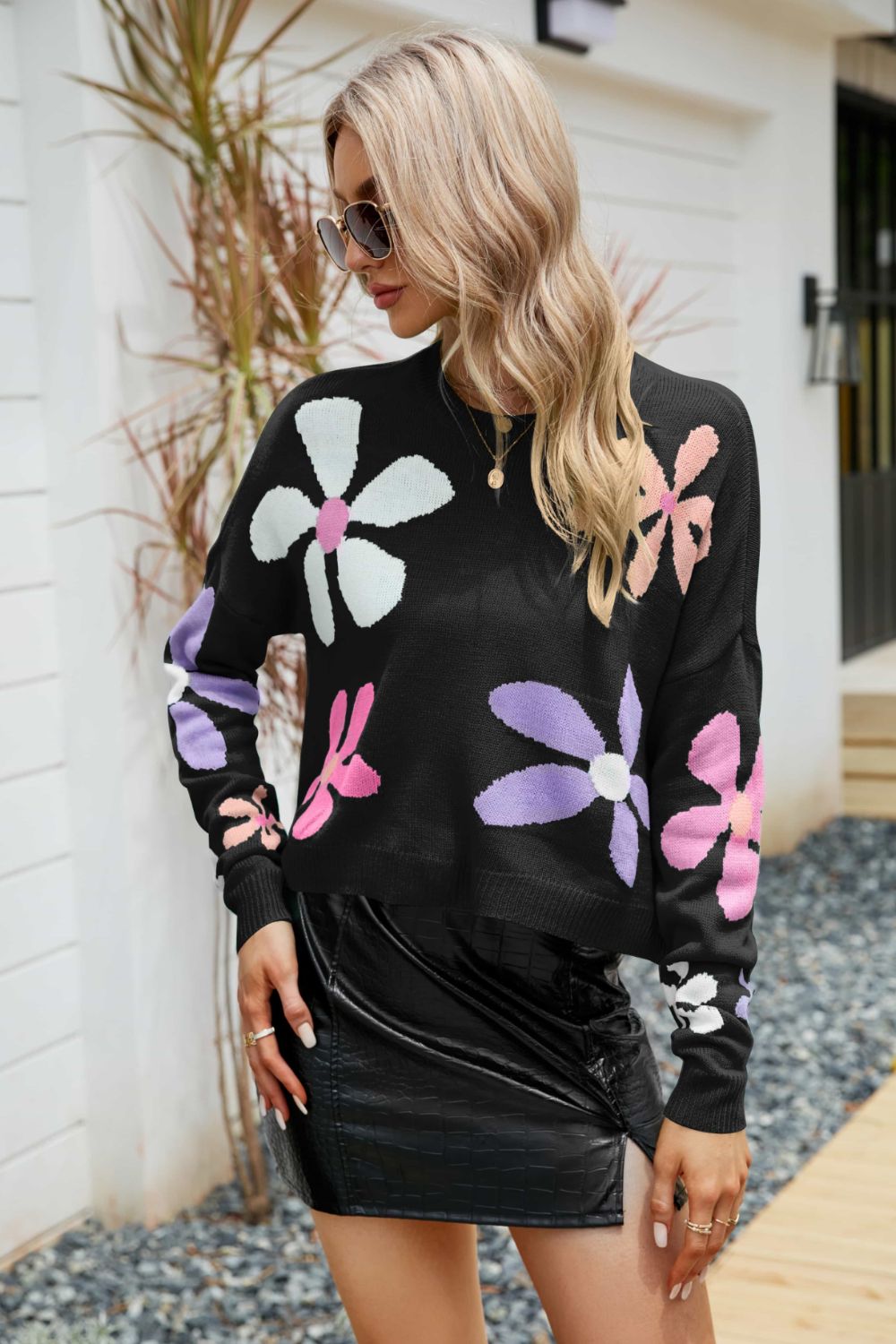 Honeybee Mumford's Floral Dropped Shoulder Ribbed Trim Sweater