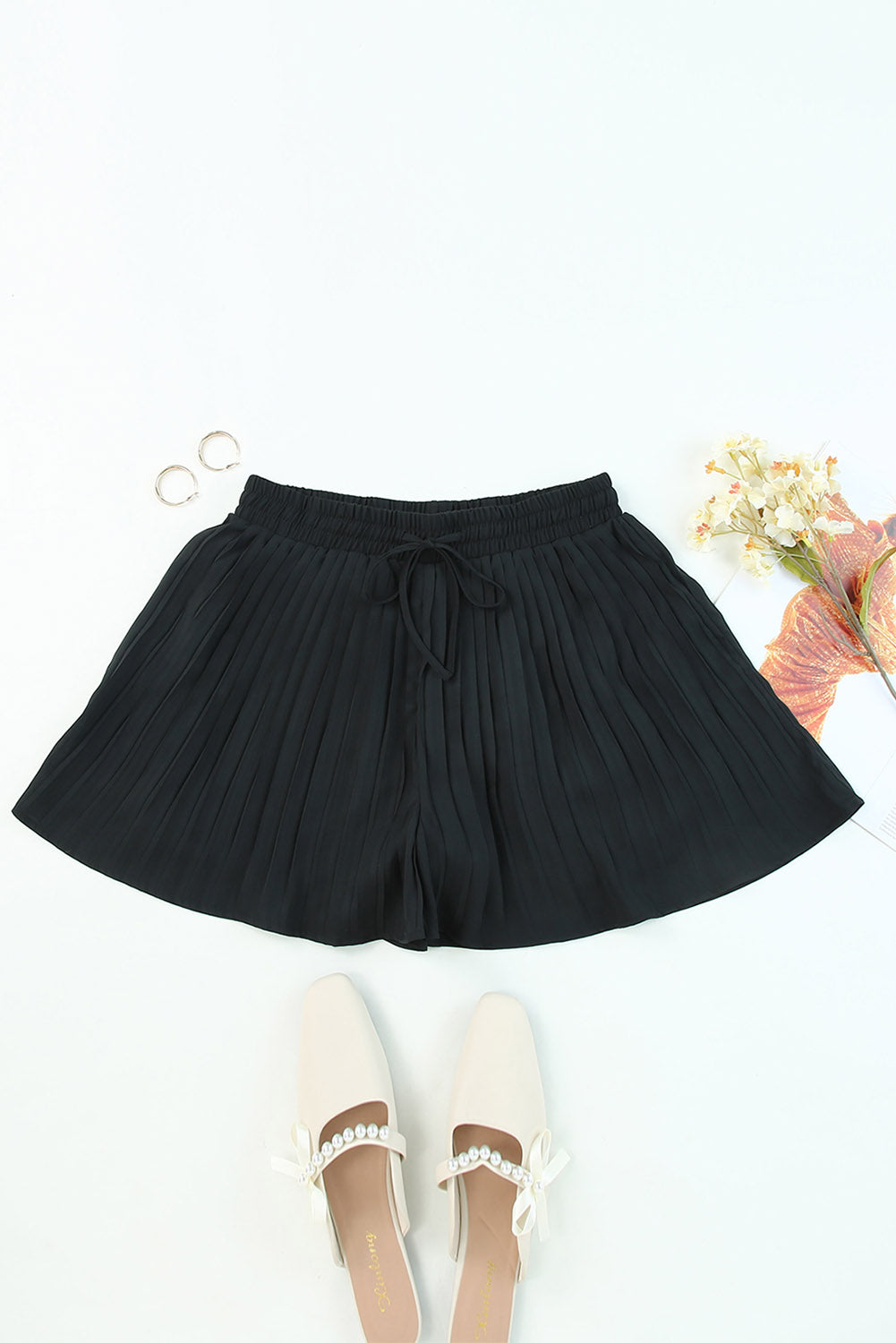 Honeybee Mumford's Black Drawstring Waist Flowy Pleated Shorts