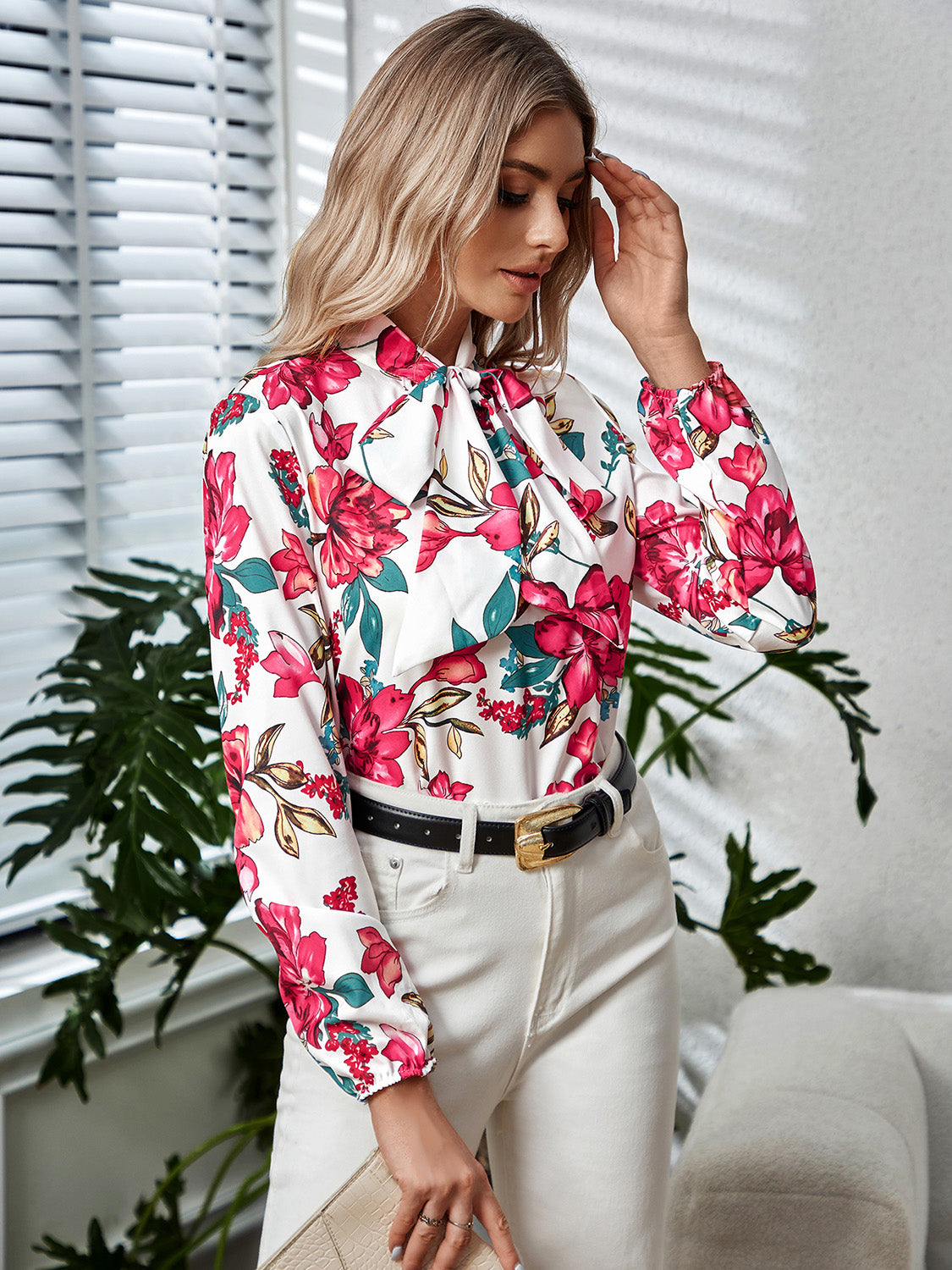 Honeybee Mumford's Printed Tie Neck Long Sleeve Blouse