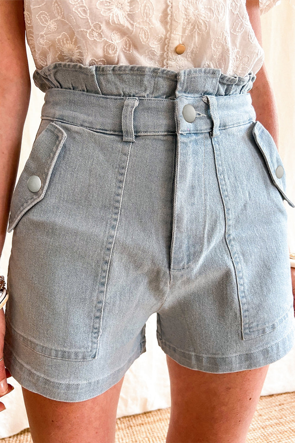 Honeybee Mumford's Beau Blue Ruffled High Waist Flap Pockets Denim Shorts