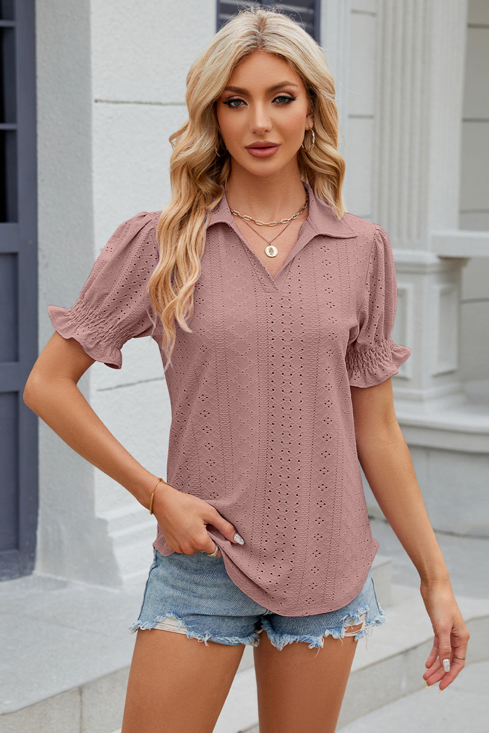 Honeybee Mumford's Eyelet Johnny Collar Short Sleeve Blouse