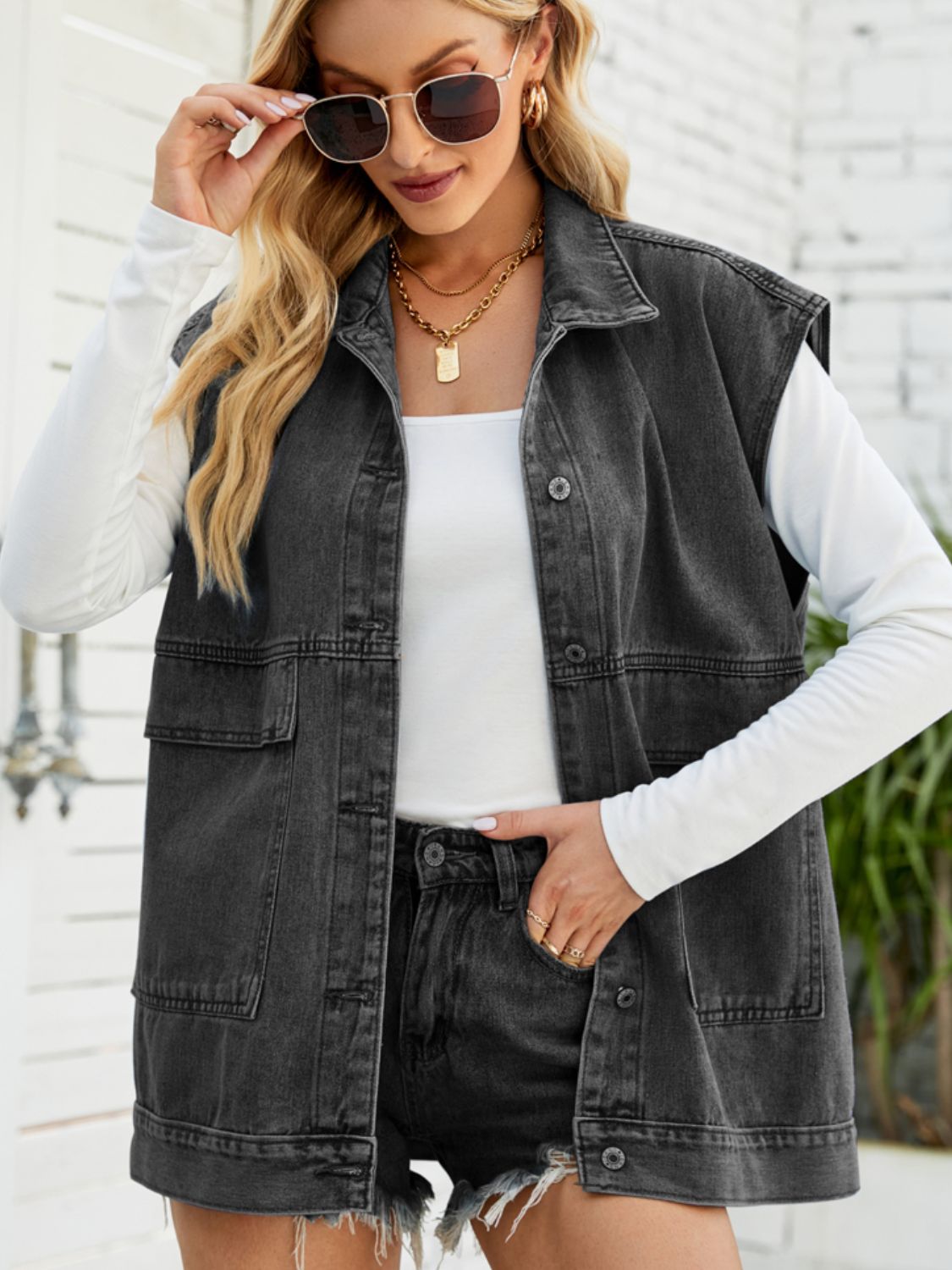 Honeybee Mumford's Collared Neck Sleeveless Denim Top with Pockets