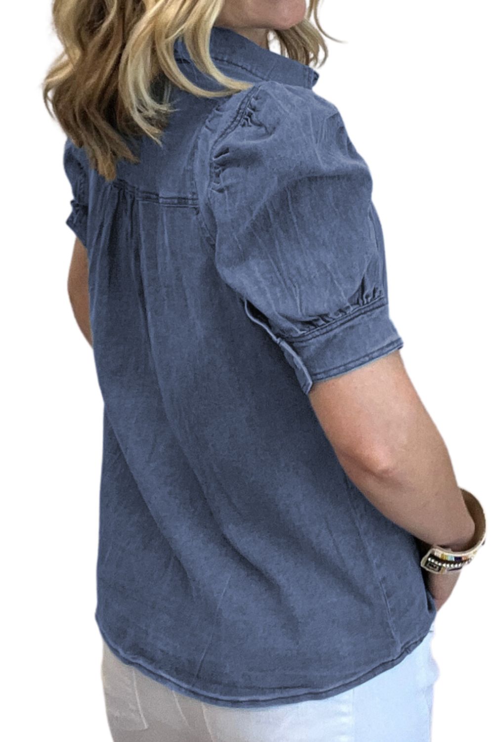 Honeybee Mumford's Button Up Puff Sleeve Denim Top