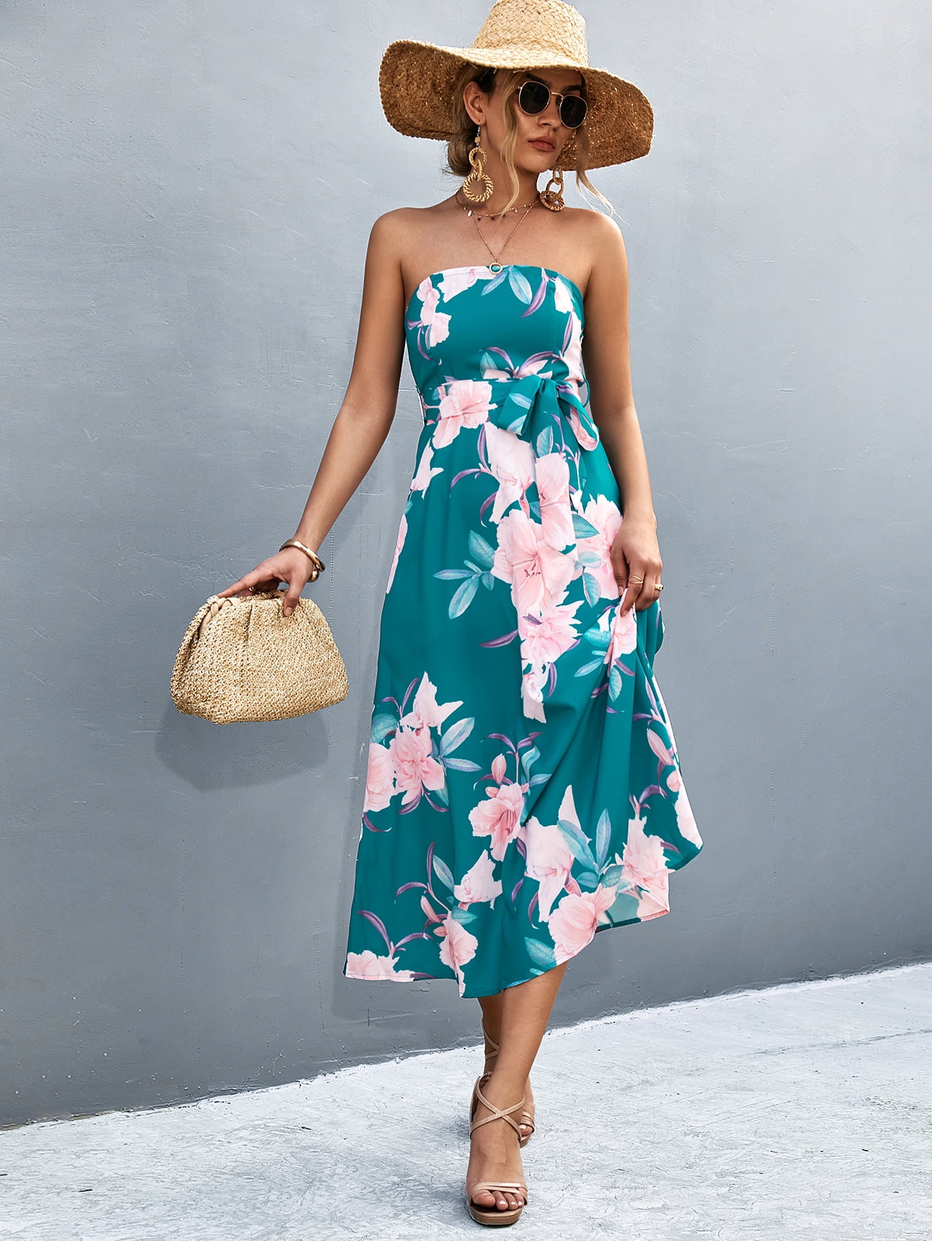 Honeybee Mumford's Floral Print Tie Waist Straight Neck Midi Dress