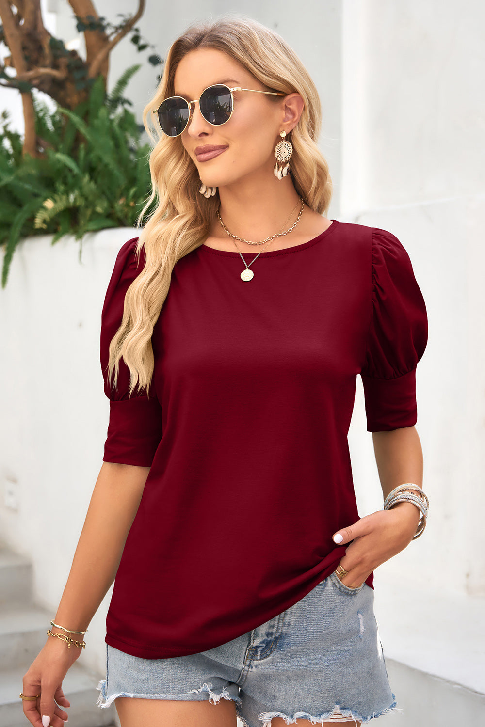 Honeybee Mumford's Round Neck Lantern Sleeve Blouse