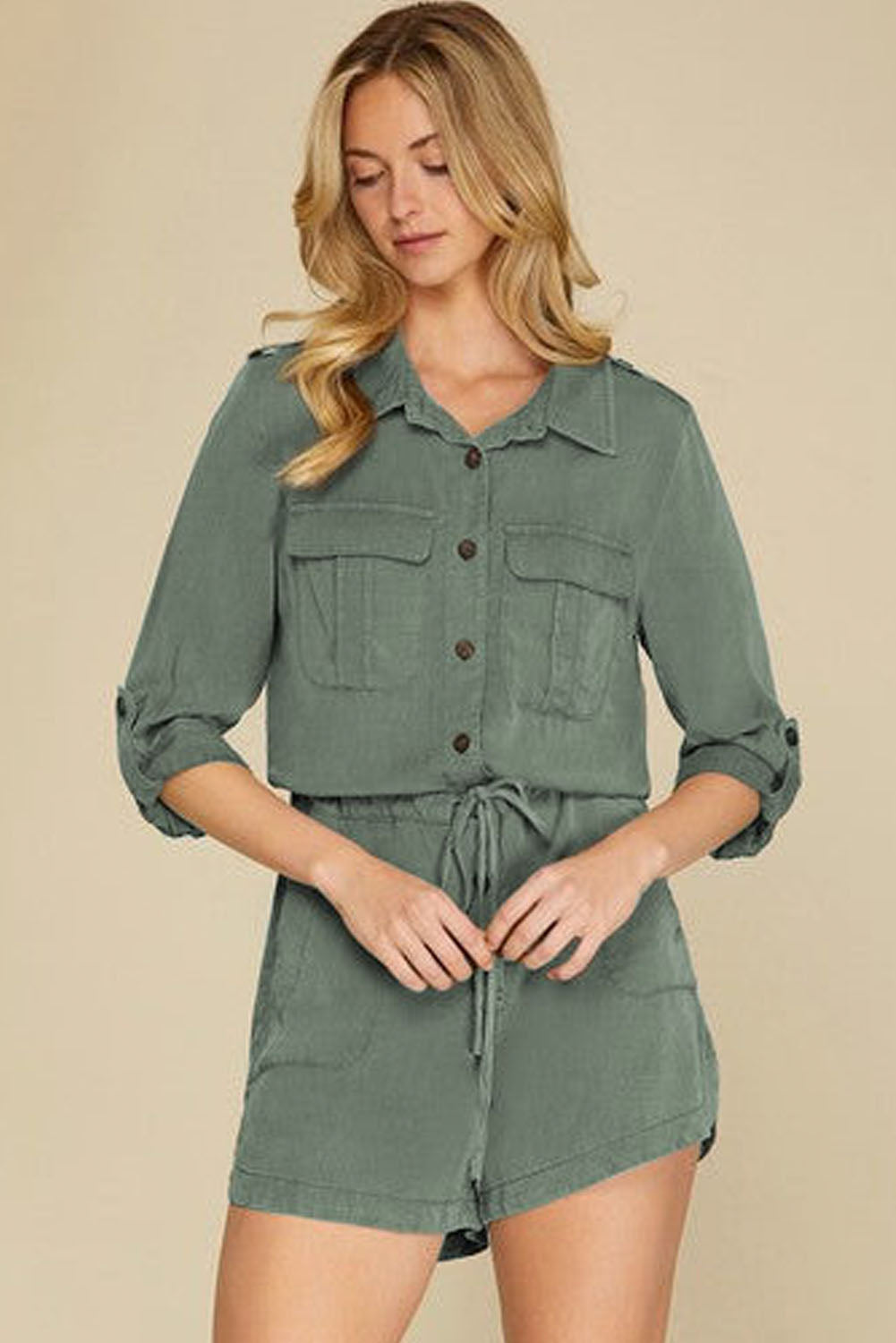 Honeybee Mumford's Jungle Green Roll up Sleeve Flap Pockets Drawstring Playsuit