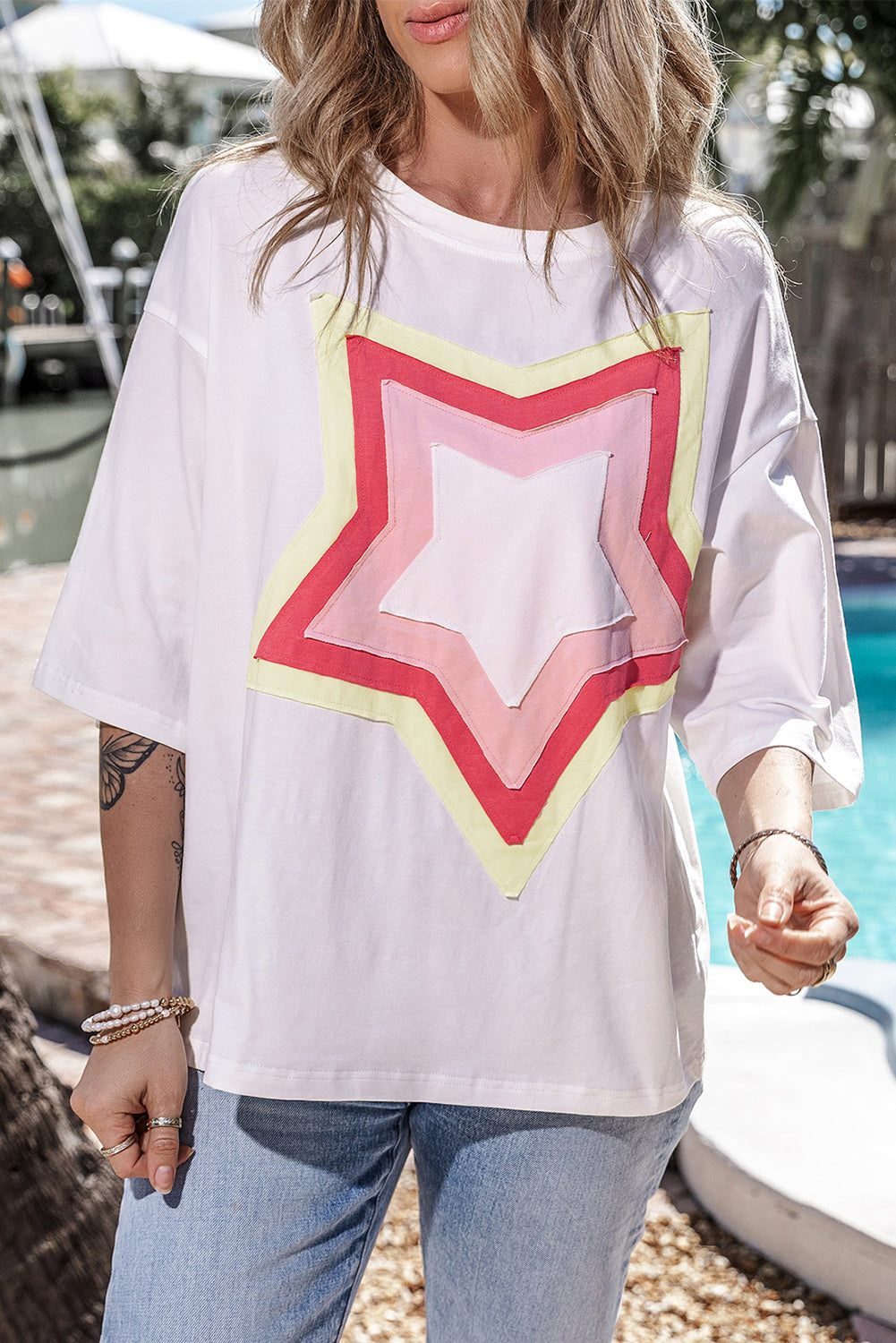 Honeybee Mumford's White Colorblock Star Patched Half Sleeve Oversized Tee