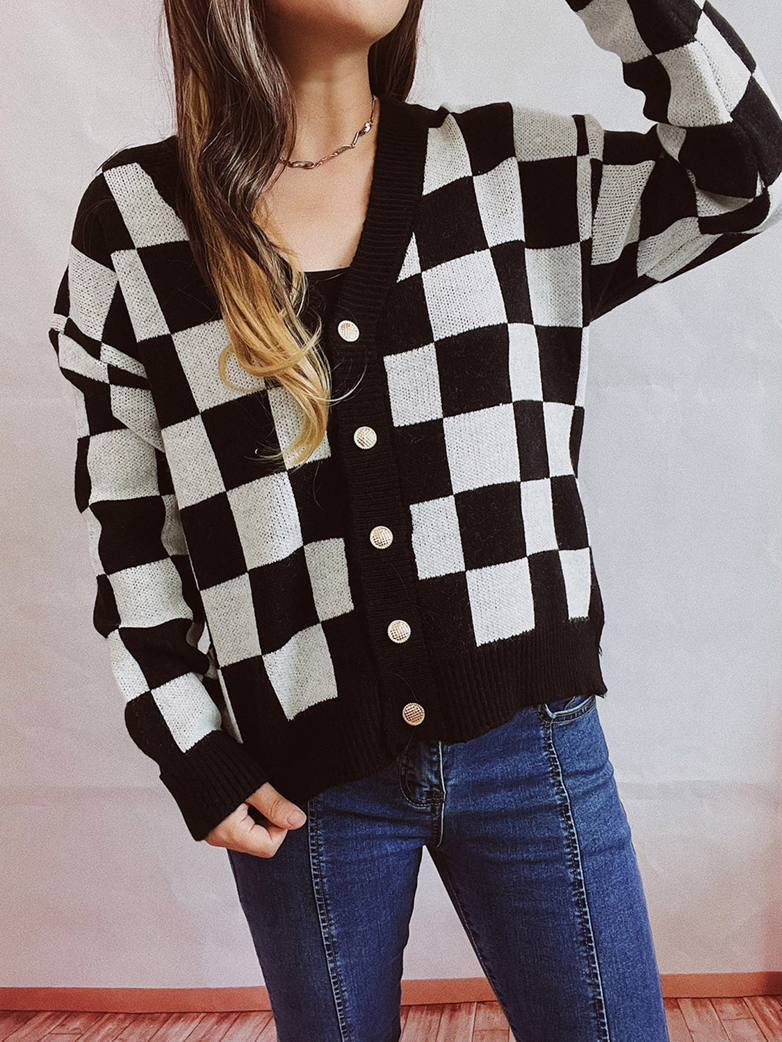 Honeybee Mumford's Checkered Open Front Button Up Cardigan