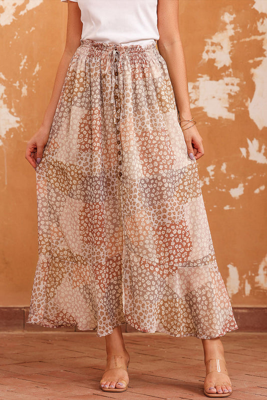 Honeybee Mumford's Apricot Boho Flower Print Smocked Waist Button Slit Maxi Skirt