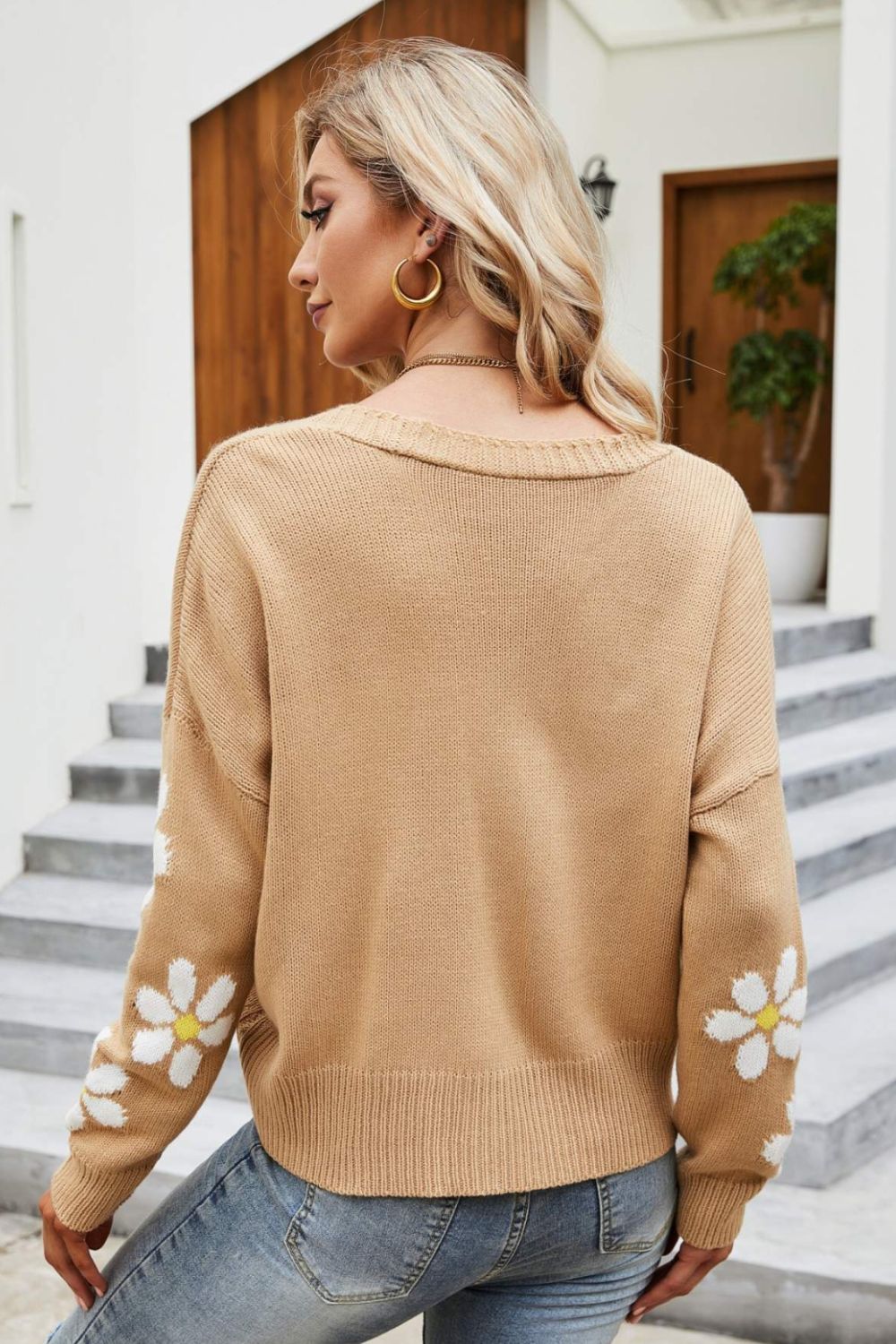 Honeybee Mumford's Floral Ribbed Trim Drop Shoulder Cardigan