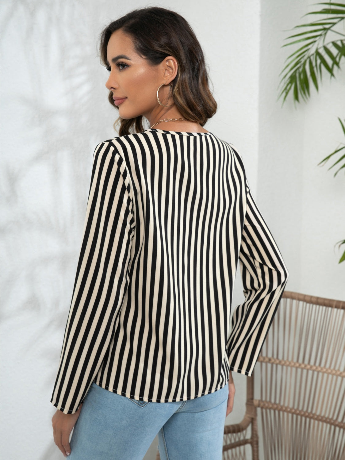 Honeybee Mumford's Striped Long Sleeve Notched Blouse