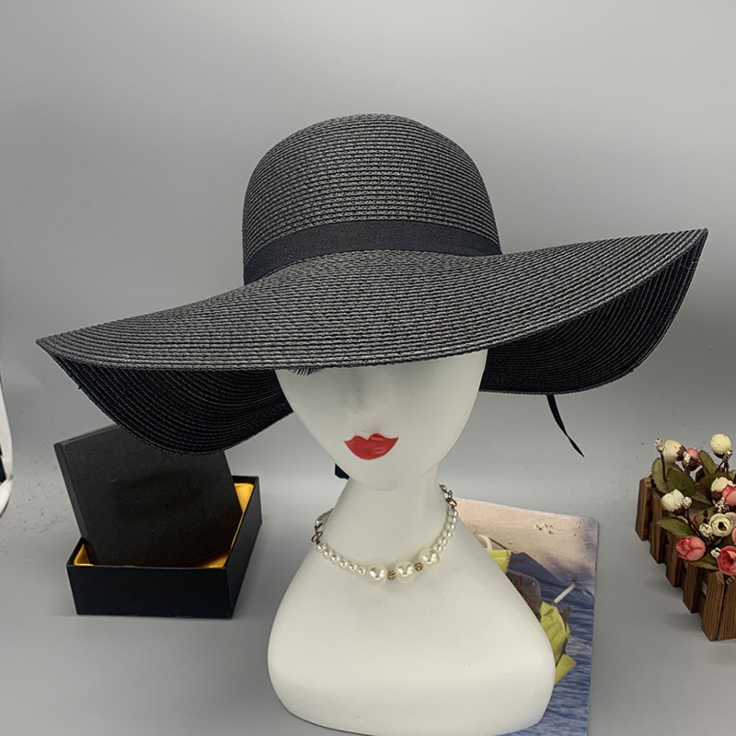 Honeybee Mumford's Paper Braided Wide Brim Hat w/ black Bow in Ivory, Navy, Black, Tan