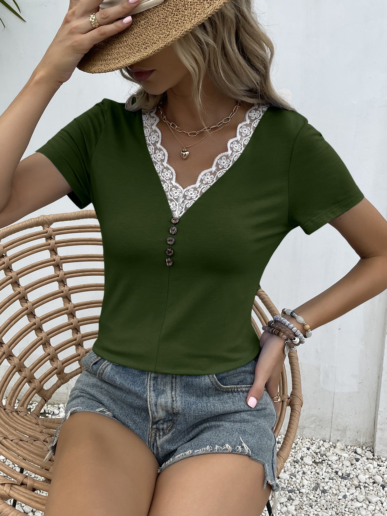 Honeybee Mumford's Lace Trim V-Neck Short Sleeve Blouse