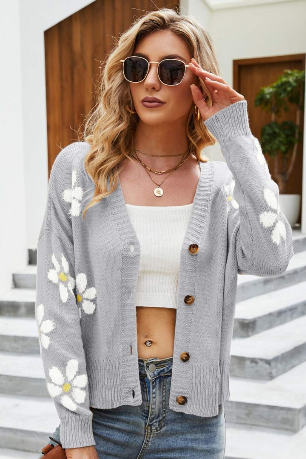 Honeybee Mumford's Floral Ribbed Trim Drop Shoulder Cardigan