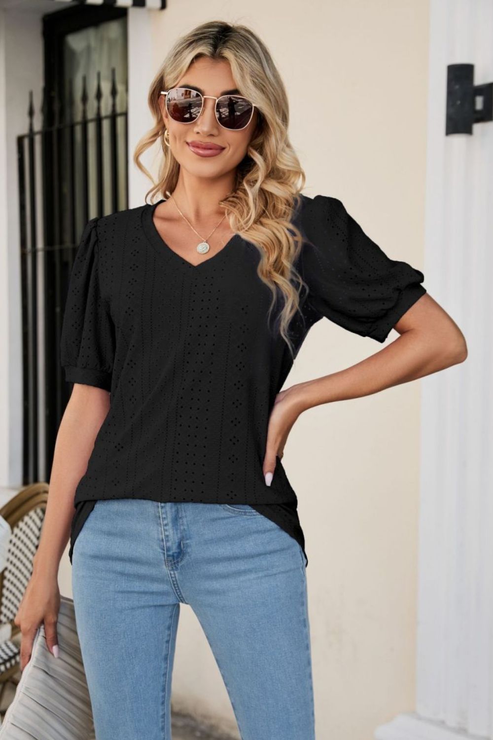 Honeybee Mumford's Eyelet Puff Sleeve V-Neck Top