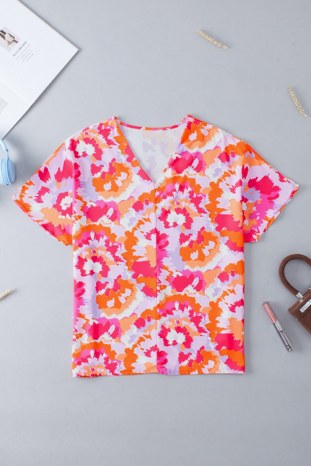 Honeybee Mumford's Printed V-Neck Short Sleeve Blouse