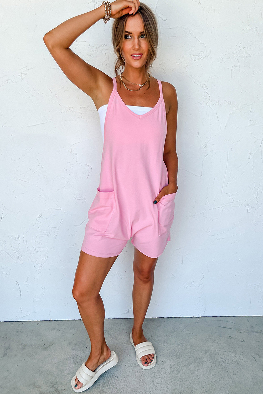 Honeybee Mumford's Honeybee Mumford's Pink Spaghetti Straps V Neck Jersey Romper