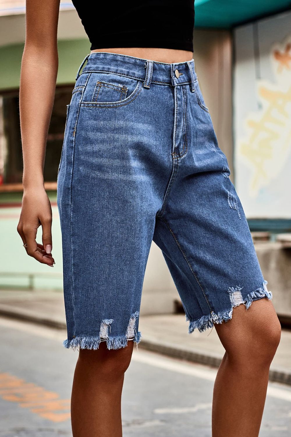 Honeybee Mumford's Raw Hem High Waist Denim Shorts with Pockets