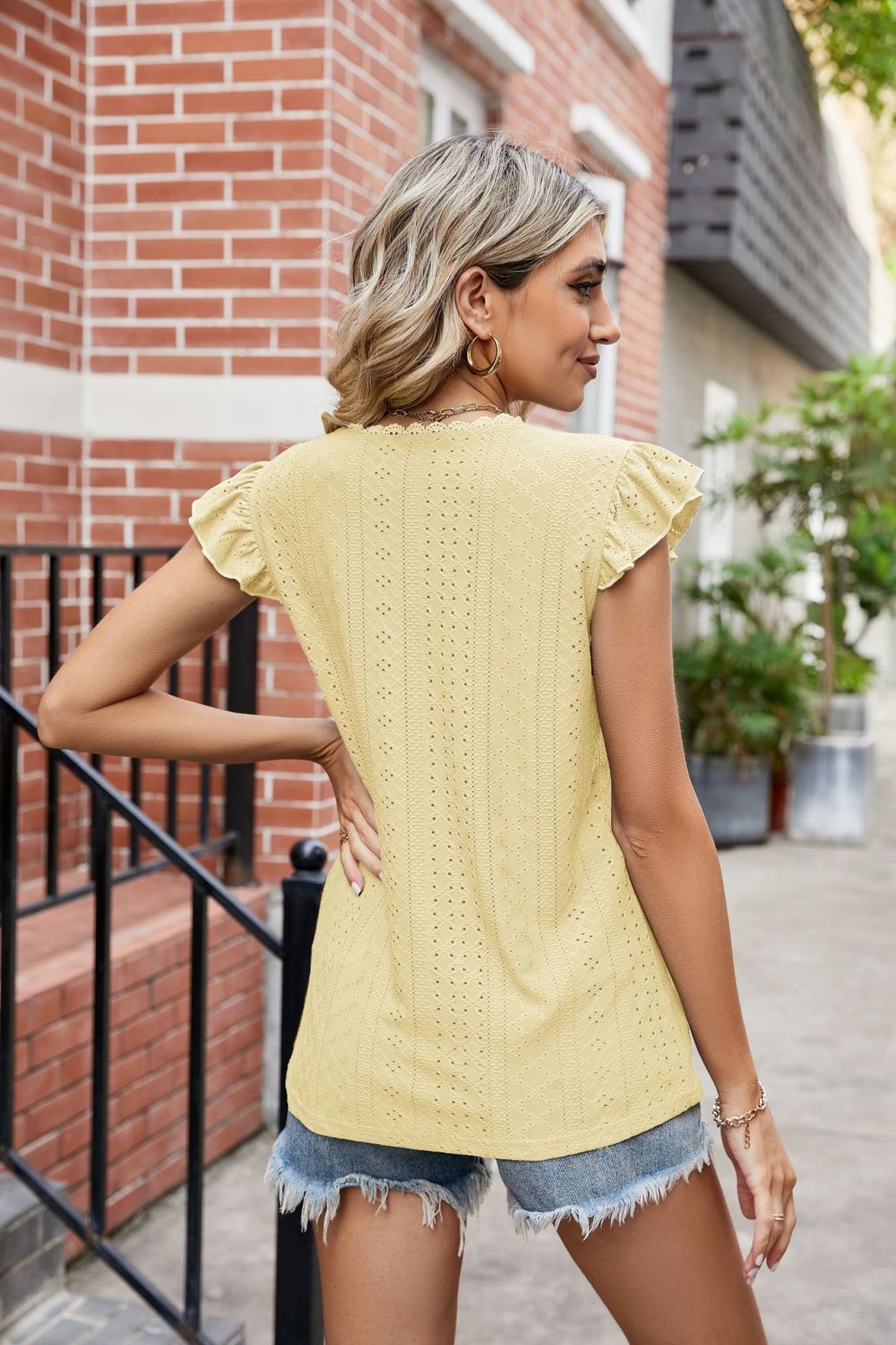 Honeybee Mumford's Eyelet Flutter Sleeve Scalloped V-Neck Top