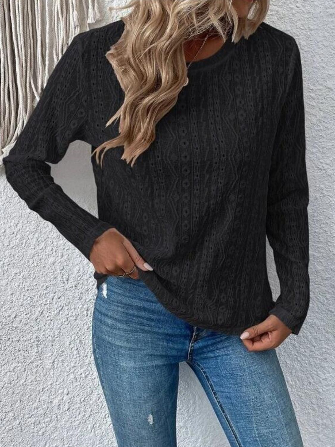 Honeybee Mumford's Eyelet Round Neck Long Sleeve Blouse