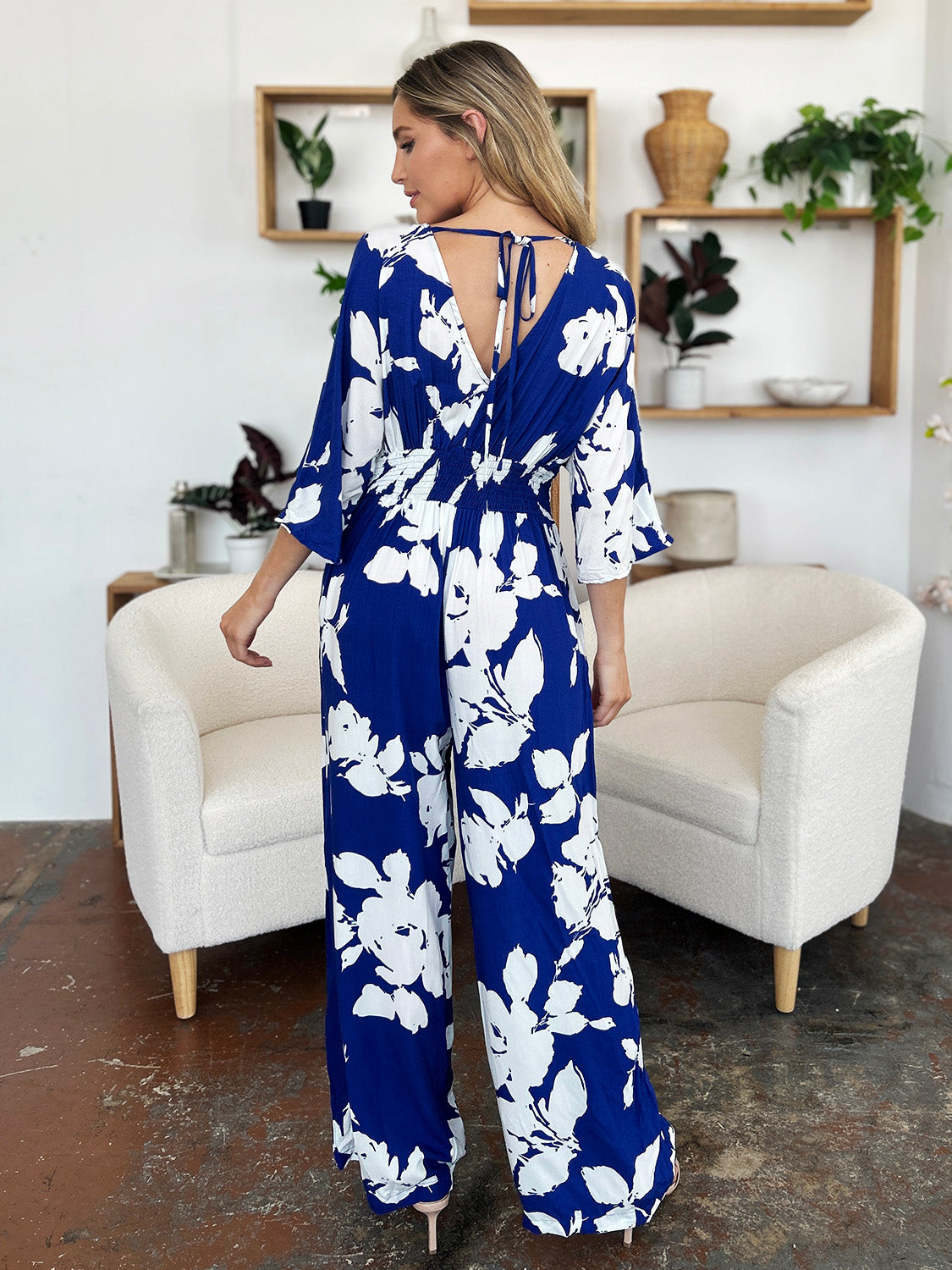 Honeybee Mumford's Full Size Printed Tie Back Wide Leg Jumpsuit