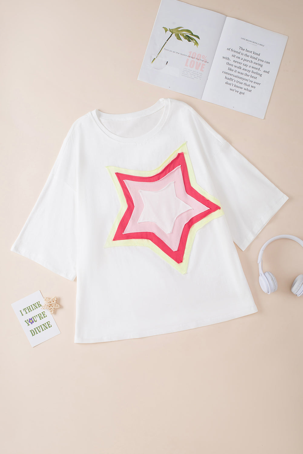 Honeybee Mumford's White Colorblock Star Patched Half Sleeve Oversized Tee