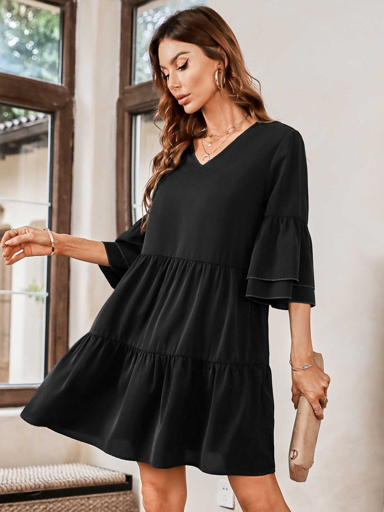 Honeybee Mumford's V-Neck Three-Quarter Flounce Sleeve Tiered Dress