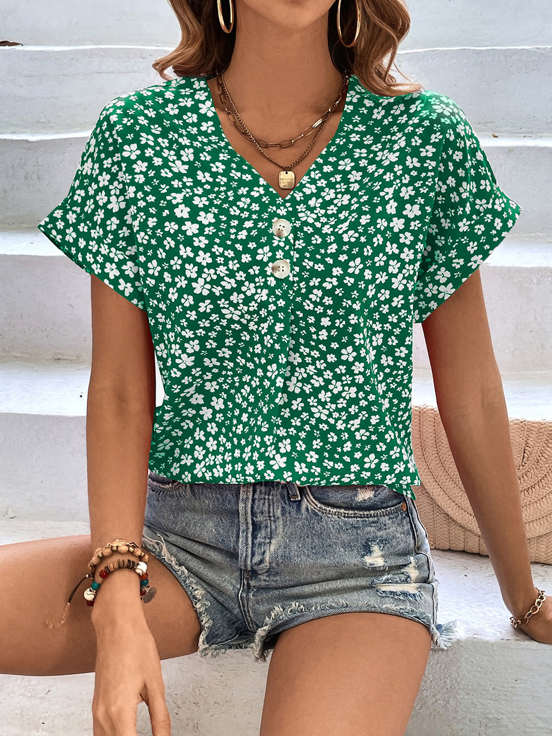 Honeybee Mumford's Printed V-Neck Short Sleeve Blouse