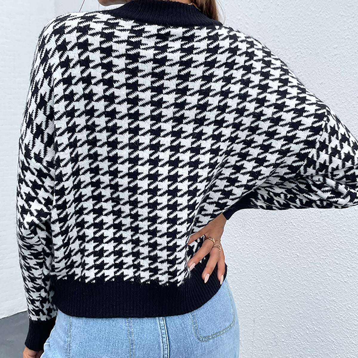 Honeybee Mumford's Houndstooth Round Neck Drop Shoulder Sweater