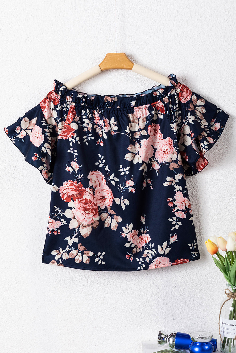 honeybee Mumford's Blue Ruffle Off Shoulder Flounce Sleeve Floral Blouse