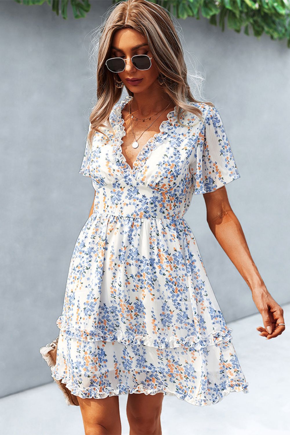 Honeybee Mumford's Printed Flutter Sleeve V-Neck short Dress