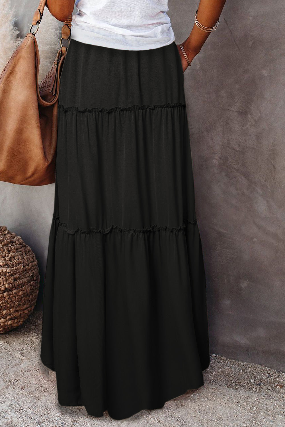 Honeybee Mumford's Black Frill Tiered Drawstring Waist Maxi Skirt