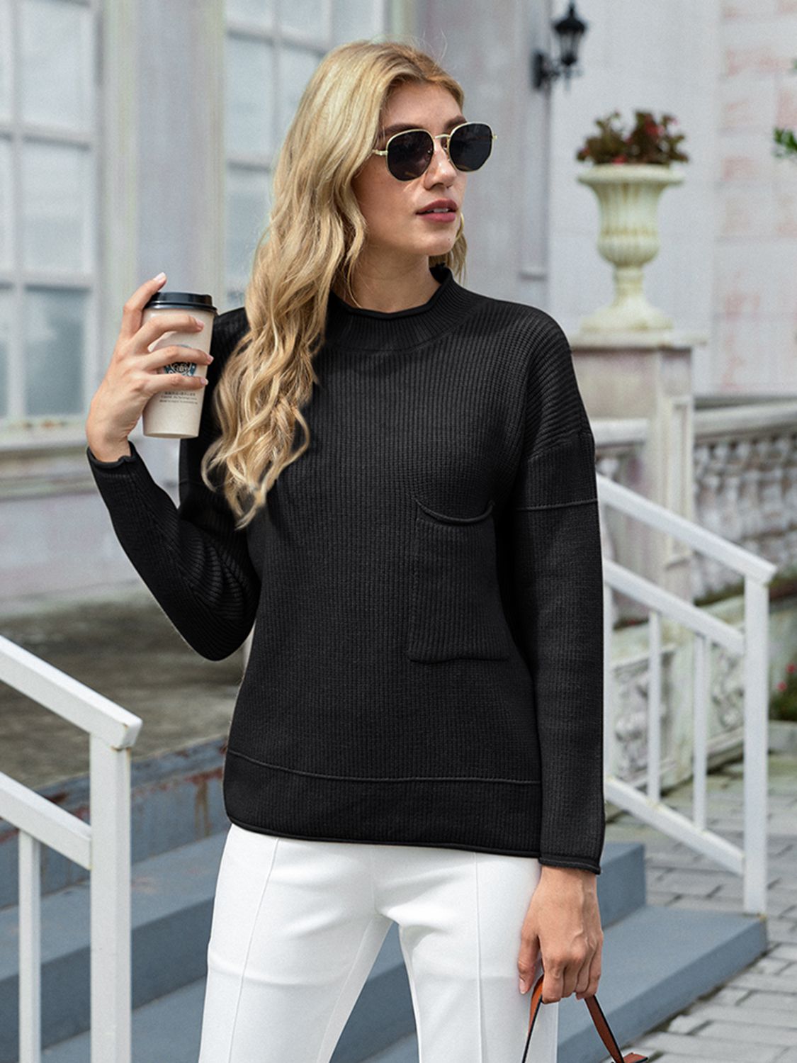 Honeybee Mumford's Round Neck Dropped Shoulder Sweater with Pocket