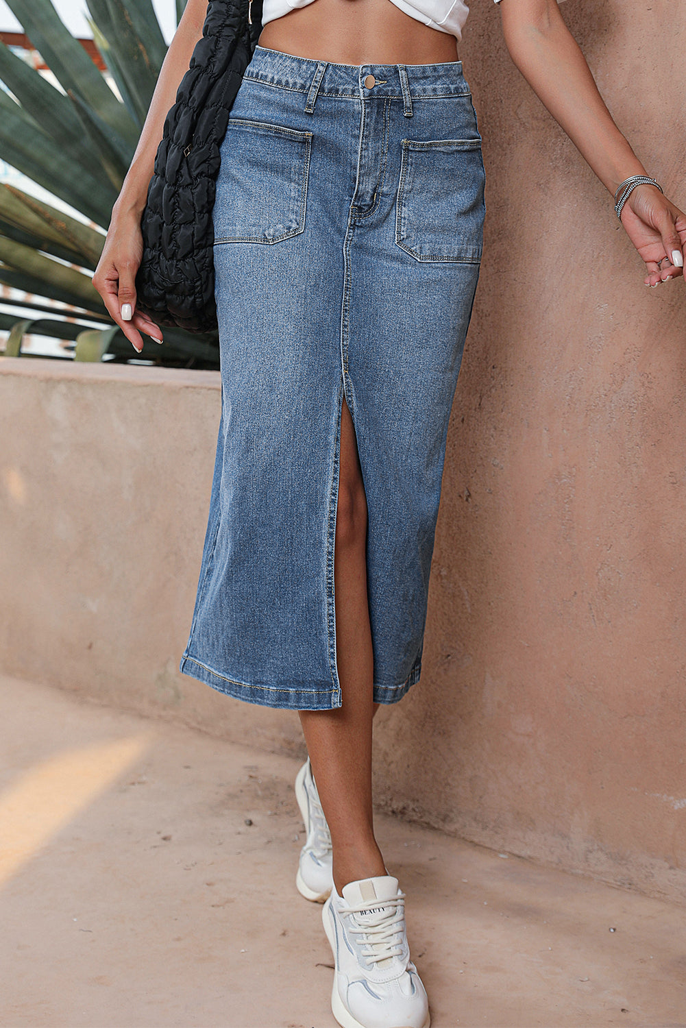 Honeybee Mumford's Sky Blue 4 Patch Pockets Front Slit Midi Denim Skirt