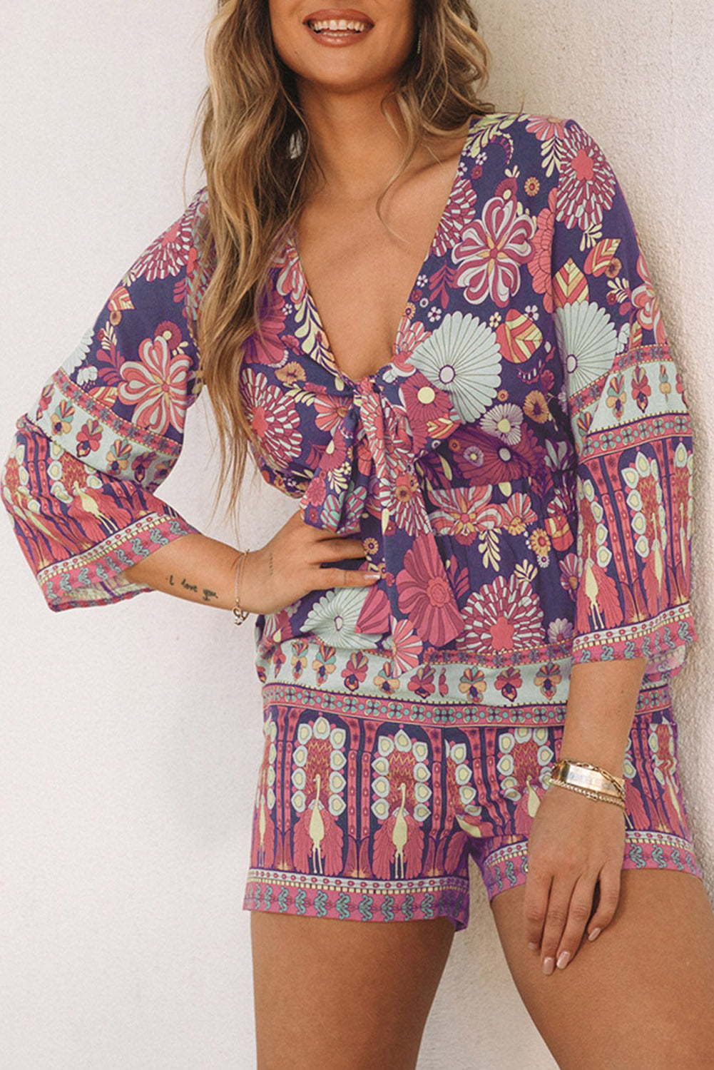 Honeybee Mumford's Purple Vintage Printed 3/4 Sleeves V Neck Romper