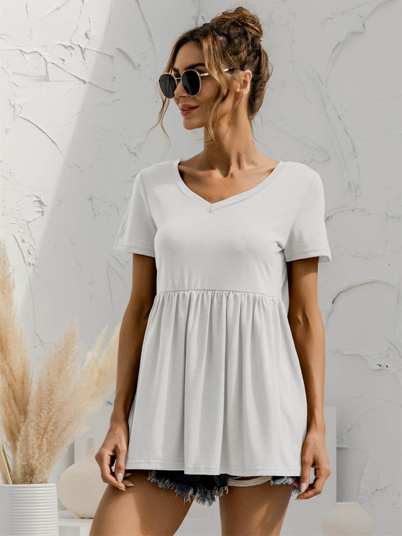 Honeybee Mumford's V-Neck Short Sleeve Babydoll Top