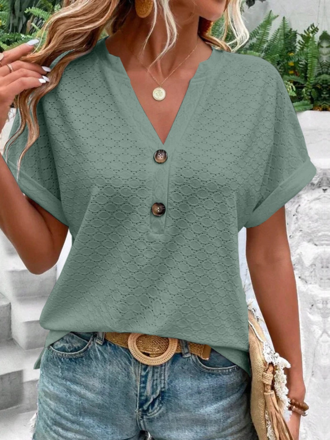 Honeybee Mumford's Eyelet Notched Short Sleeve Blouse