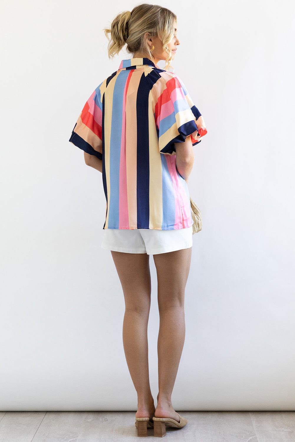 honeybee Mumford's Multicolor Color Block Striped Puff Sleeve Buttoned Shirt