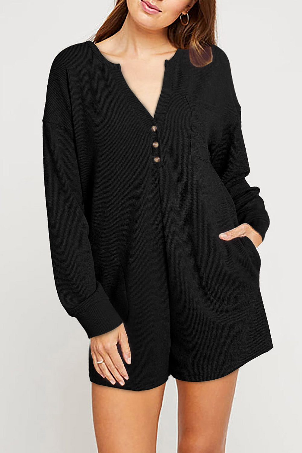 Honeybee Mumford's Black Brushed Ribbed Button Split V Neck Long Sleeve Romper