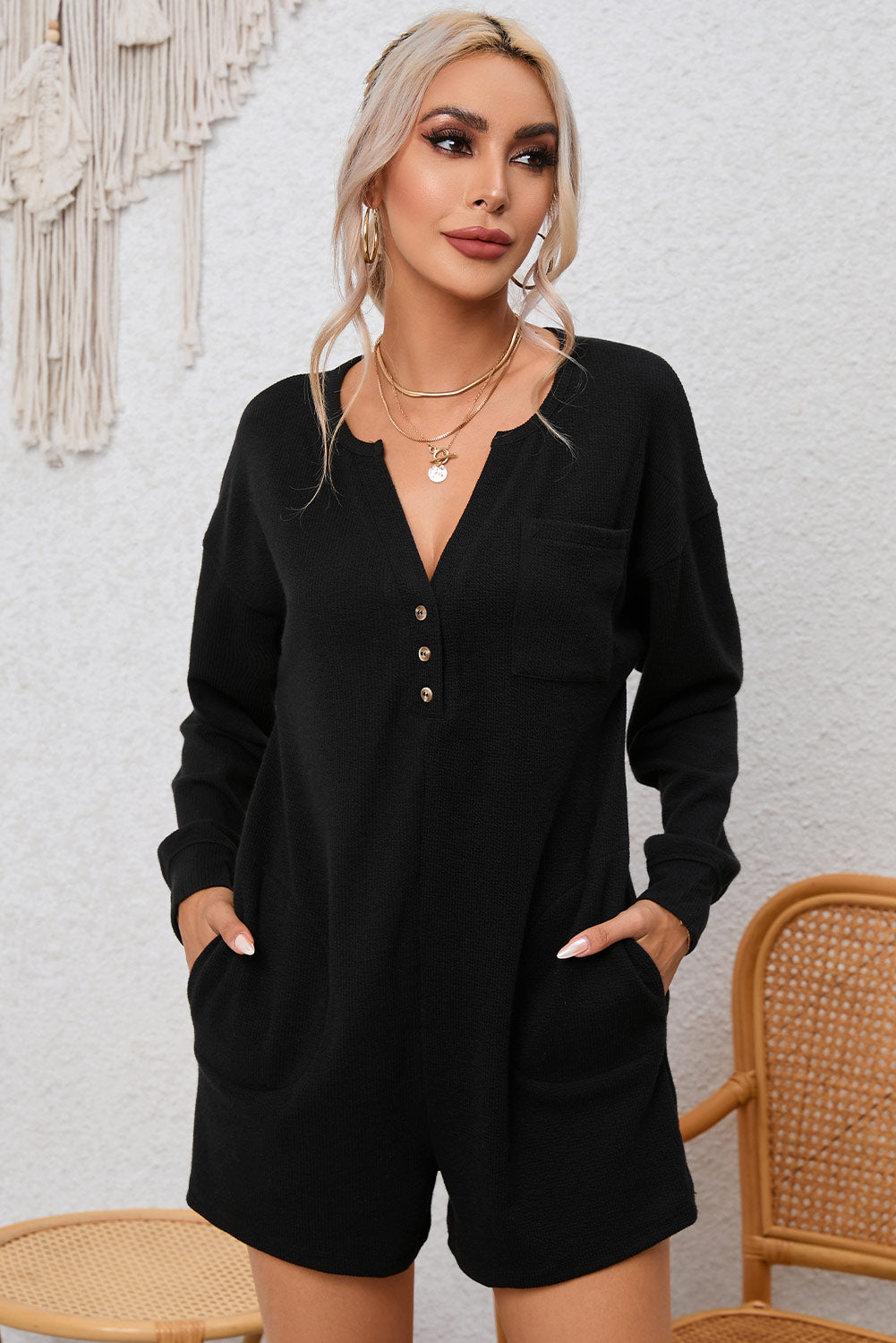 Honeybee Mumford's Black Brushed Ribbed Button Split V Neck Long Sleeve Romper