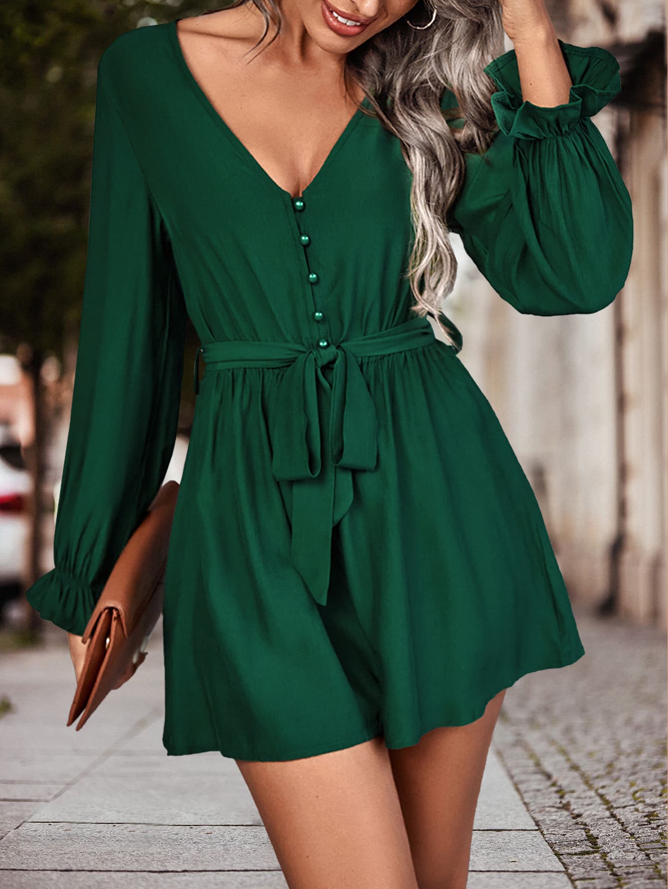 Honeybee Mumford's Long Flounce Sleeve V-Neck Romper