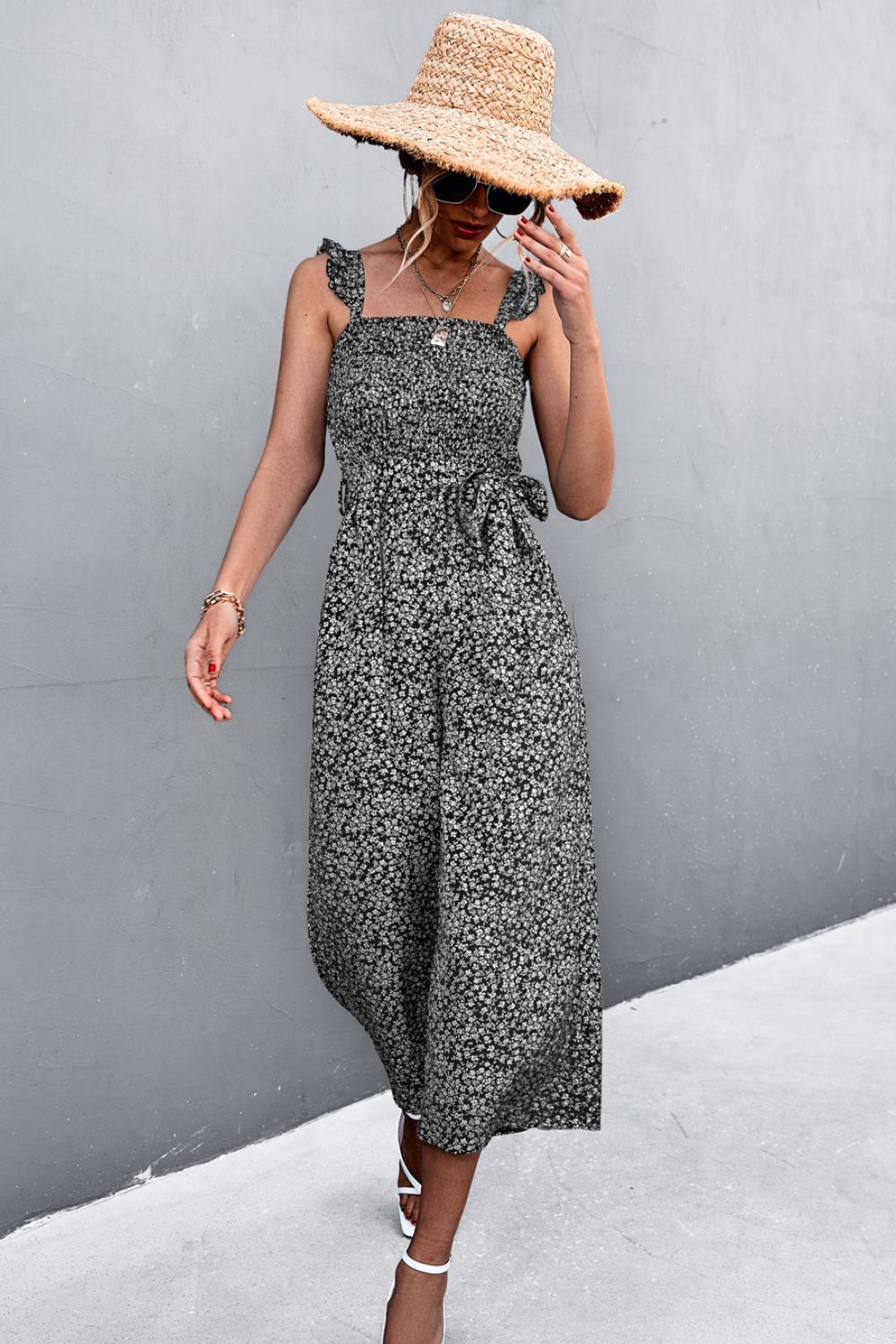 Honeybee Mumford's Printed Ruffle Strap Smocked Belted Jumpsuit