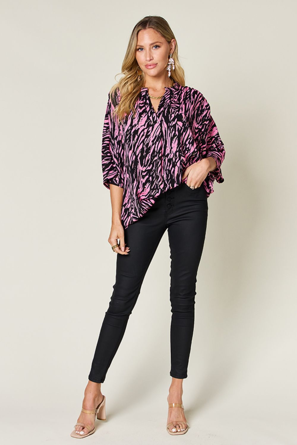 Honeybee Mumford's Full Size Printed Notched Three-Quarter Sleeve Blouse