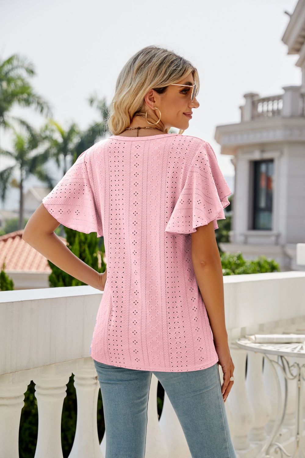 Honeybee Mumford's Eyelet Flutter Sleeve Round Neck Top