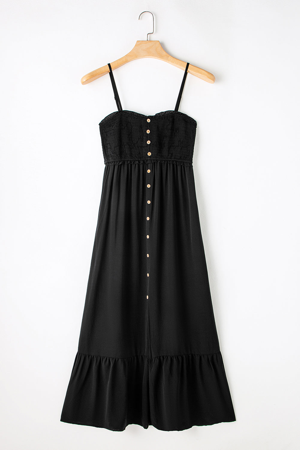 Honeybee Mumford's Black Spaghetti Straps Smocked Front Slit Buttoned Dress