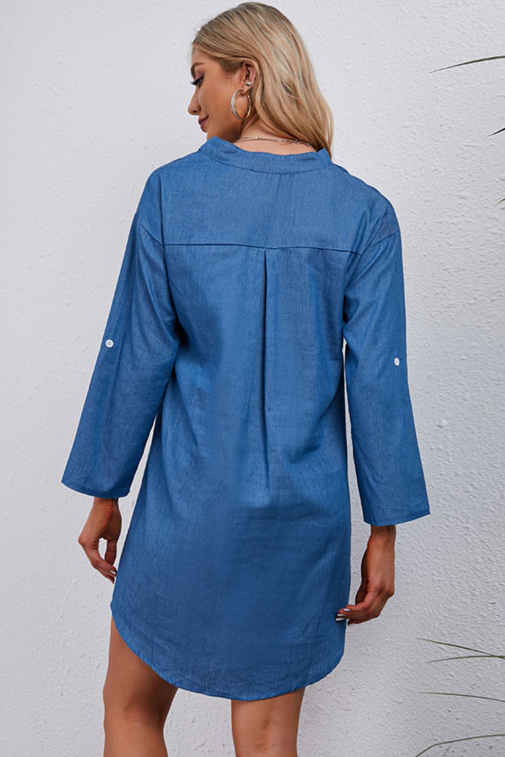 Honeybee Mumford's Half-Button Notched Neck High-Low Denim Dress