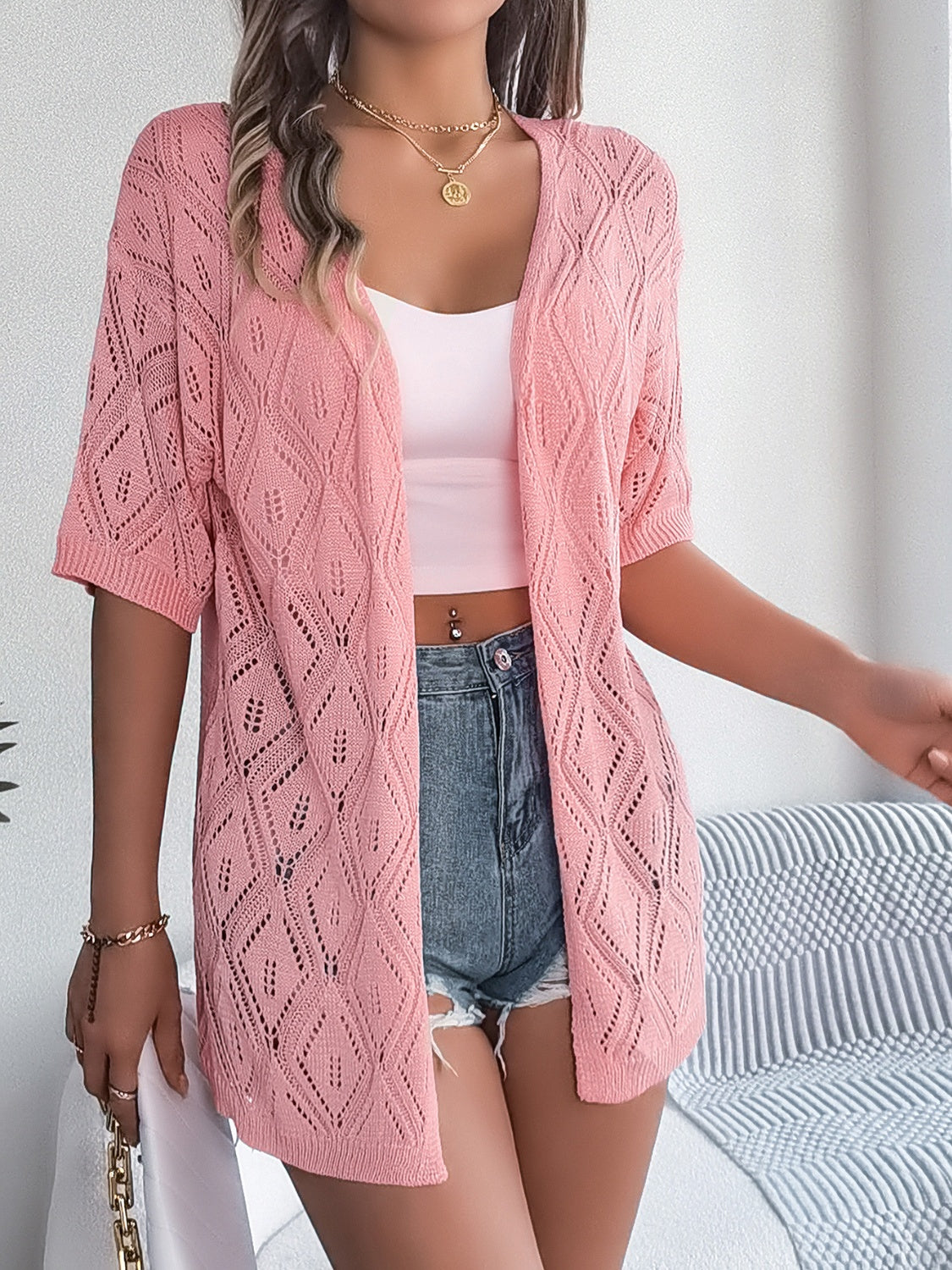 Honeybee Mumford's Openwork Open Front Half Sleeve Cardigan