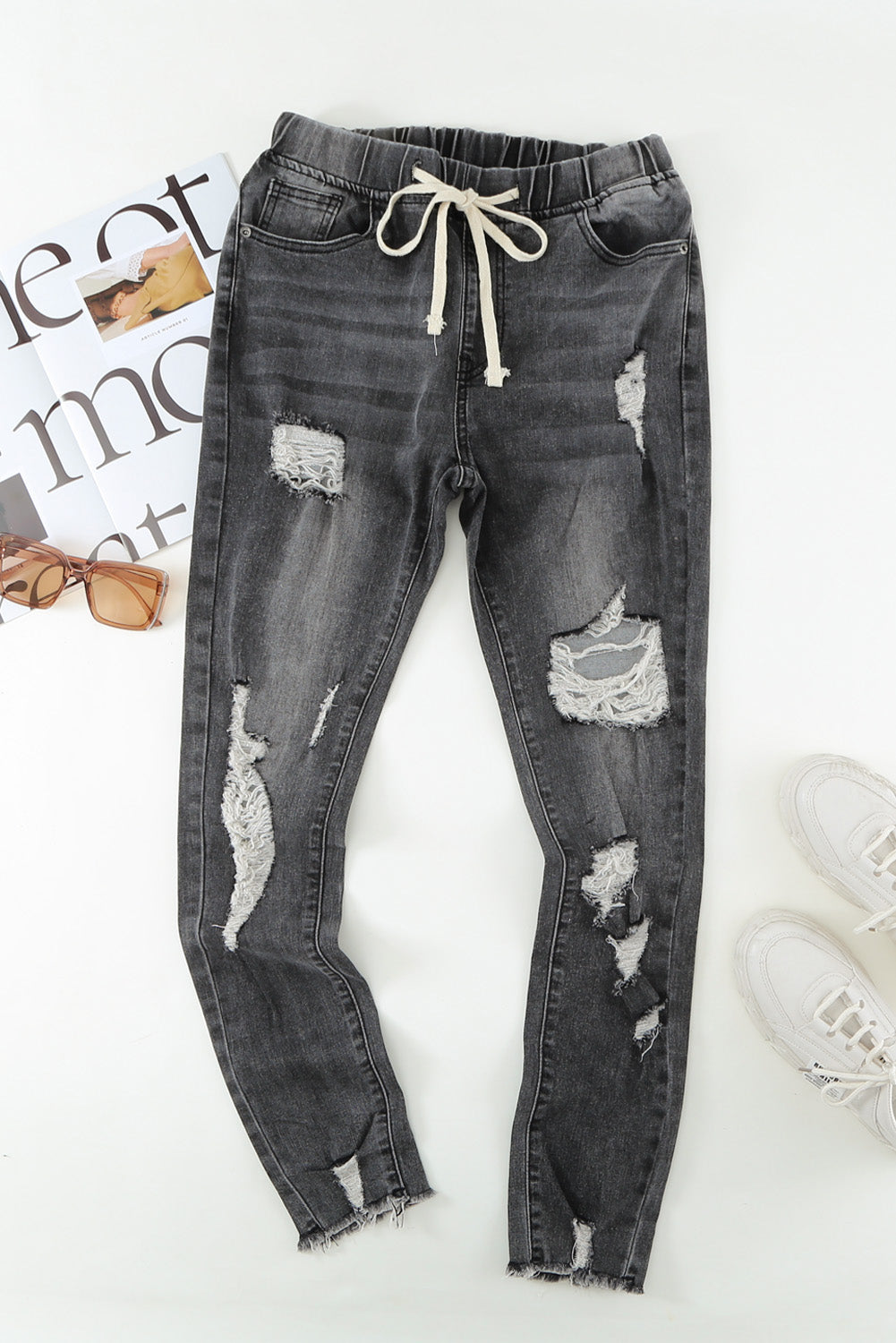 Honeybee Mumford's Drawstring Distressed Raw Hem Jeans with Pockets