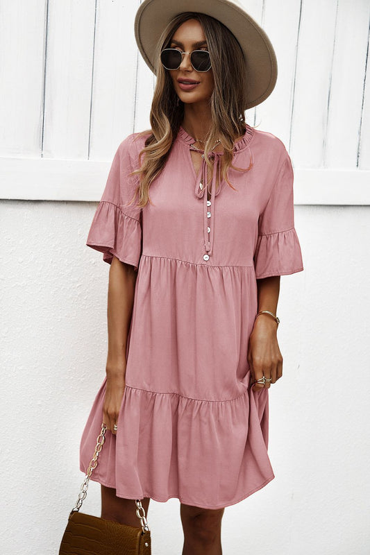 Honeybee Mumford's Buttoned Tie Neck Tiered Dress